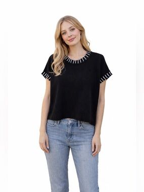 Zenana Stylish Black Sweater Crop with White Accents